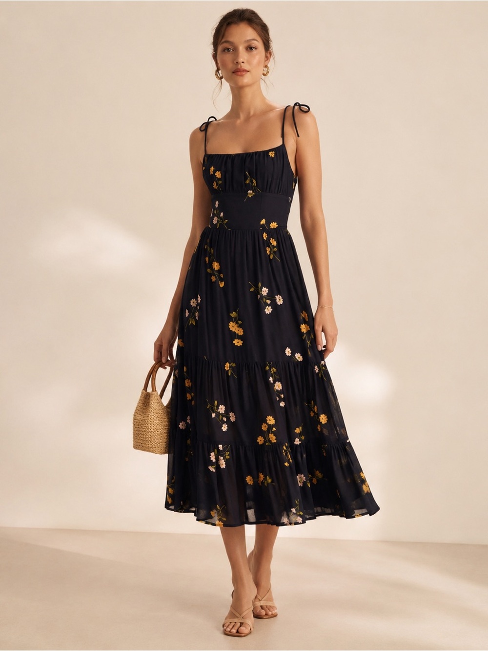 Reformation Kealy Navy Dainty Floral Tie-Shoulder Midi Dress Romantic Garden